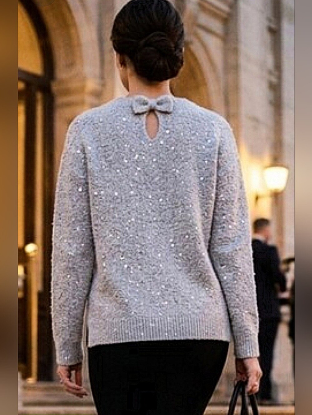 Karl Lagerfeld Elegant Festive Sequined Keyhole-Back Sweater / Sz M / Grey